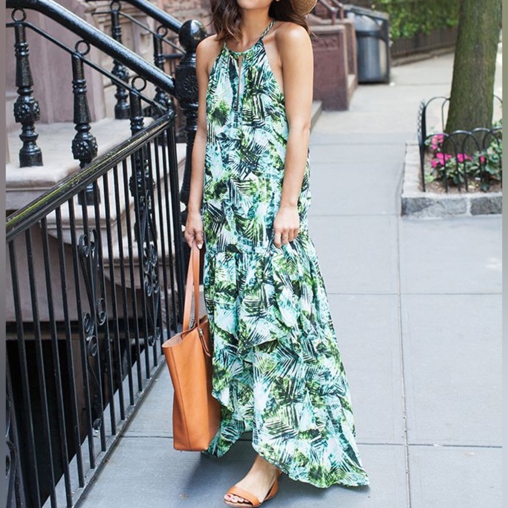 Parker maxi dress Palm Leafs jungle straps chiffon Kansas Tropical high low